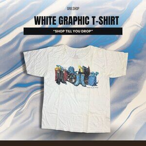 White Graphic T-Shirt Denim & Diamonds NYC "Shop Till You Drop" Western-Inspired
